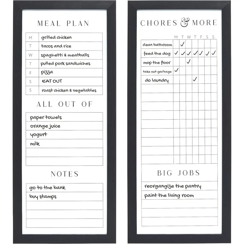 Dual-Sided Dry Erase Board with Chore Chart, Shopping List, Meal Planner, and Notes, 9x21 Inch, Black
Dual-Sided Dry Erase Board with Chore Chart, Shopping List, Meal Planner, and Notes, 9x21 Inch, Black