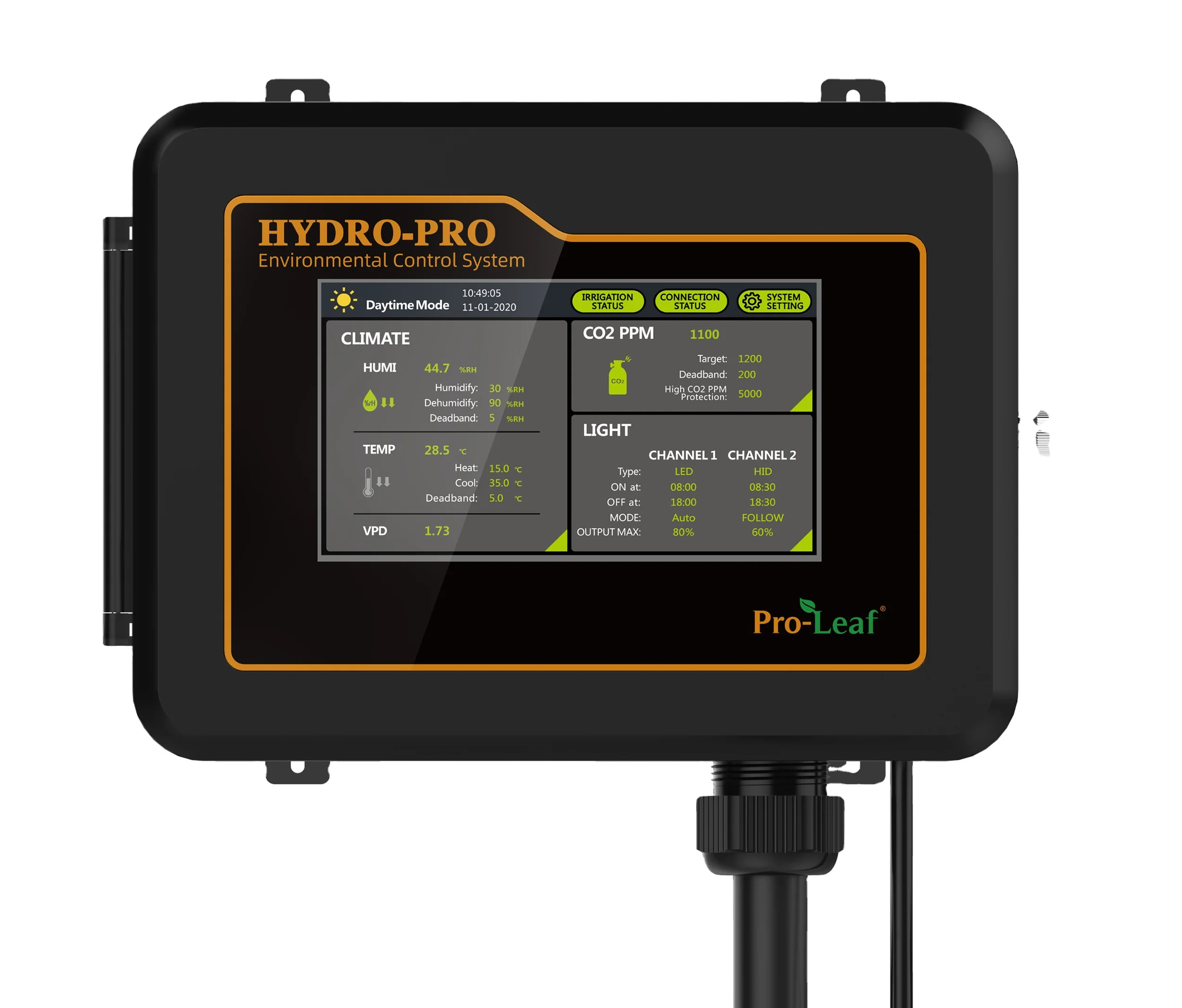 Климатический контроллер Pro-Leaf Hydro-Pro для теплицы, вертикальная ферма, система гидропоники, мониторинг окружающей среды, CO2, температура, Цветовая проекция
Климатический контроллер Pro-Leaf Hydro-Pro для теплицы, вертикальная ферма, система гидропоники, мониторинг окружающей среды, CO2, температура, Цветовая проекция