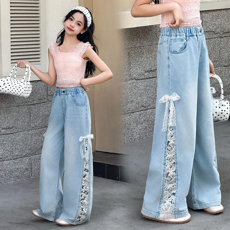 Summer Girls New Fashion Wide Leg Pants with Side Lace Bow Loose Solid Color Loose Jeans Casual Teenager Trousers 5-14 Years Old
Summer Girls New Fashion Wide Leg Pants with Side Lace Bow Loose Solid Color Loose Jeans Casual Teenager Trousers 5-14 Years Old