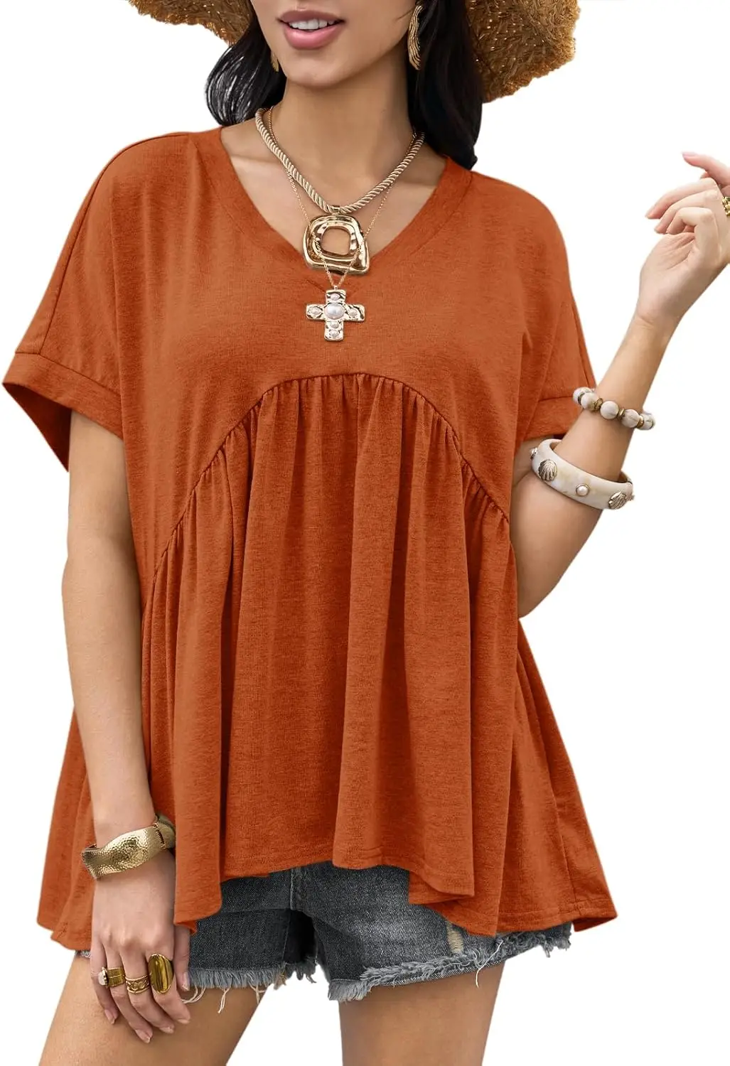 Womens Summer Peplum Tops Oversized Babydoll Short Sleeve V Neck T Shirts Casual Loose Pleated Swing Blouse
Womens Summer Peplum Tops Oversized Babydoll Short Sleeve V Neck T Shirts Casual Loose Pleated Swing Blouse
