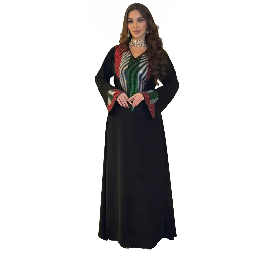 Autumn Women's Clothing Muslim Fashion Abaya Elegant Black Colored Rhinestone Long dress with belt
Autumn Women's Clothing Muslim Fashion Abaya Elegant Black Colored Rhinestone Long dress with belt