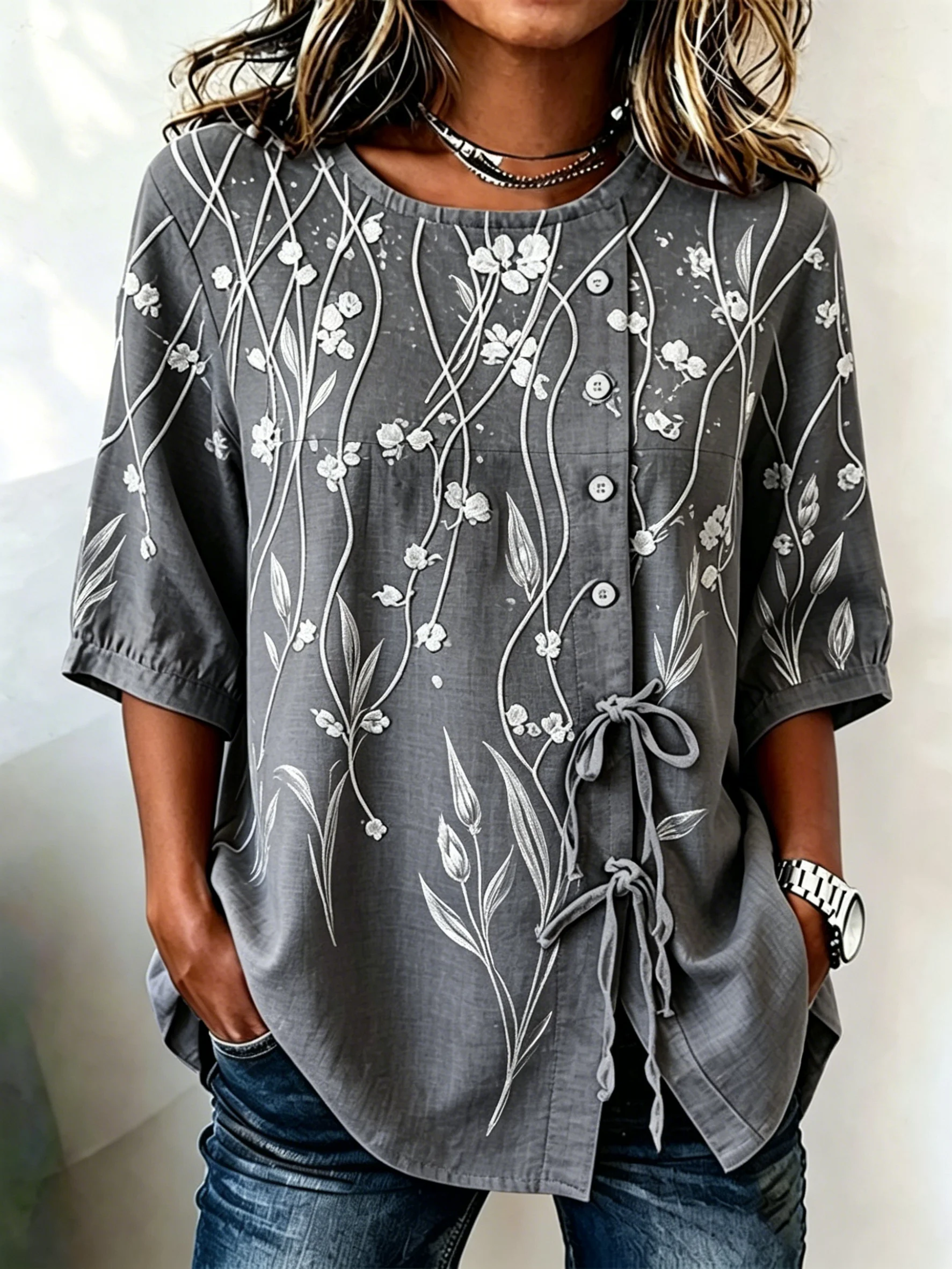 Women's Grey Floral Embroidery Button & Tie Front Blouse, Casual Stylish Top for Spring Summer Daily & Versatile Everyday Wear
Women's Grey Floral Embroidery Button & Tie Front Blouse, Casual Stylish Top for Spring Summer Daily & Versatile Everyday Wear