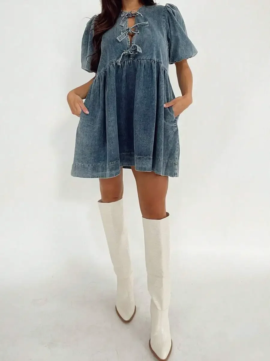 Womens Denim Mini Dress With Puff Sleeves Tie Front Pockets Casual Boho Babydoll Style
Womens Denim Mini Dress With Puff Sleeves Tie Front Pockets Casual Boho Babydoll Style