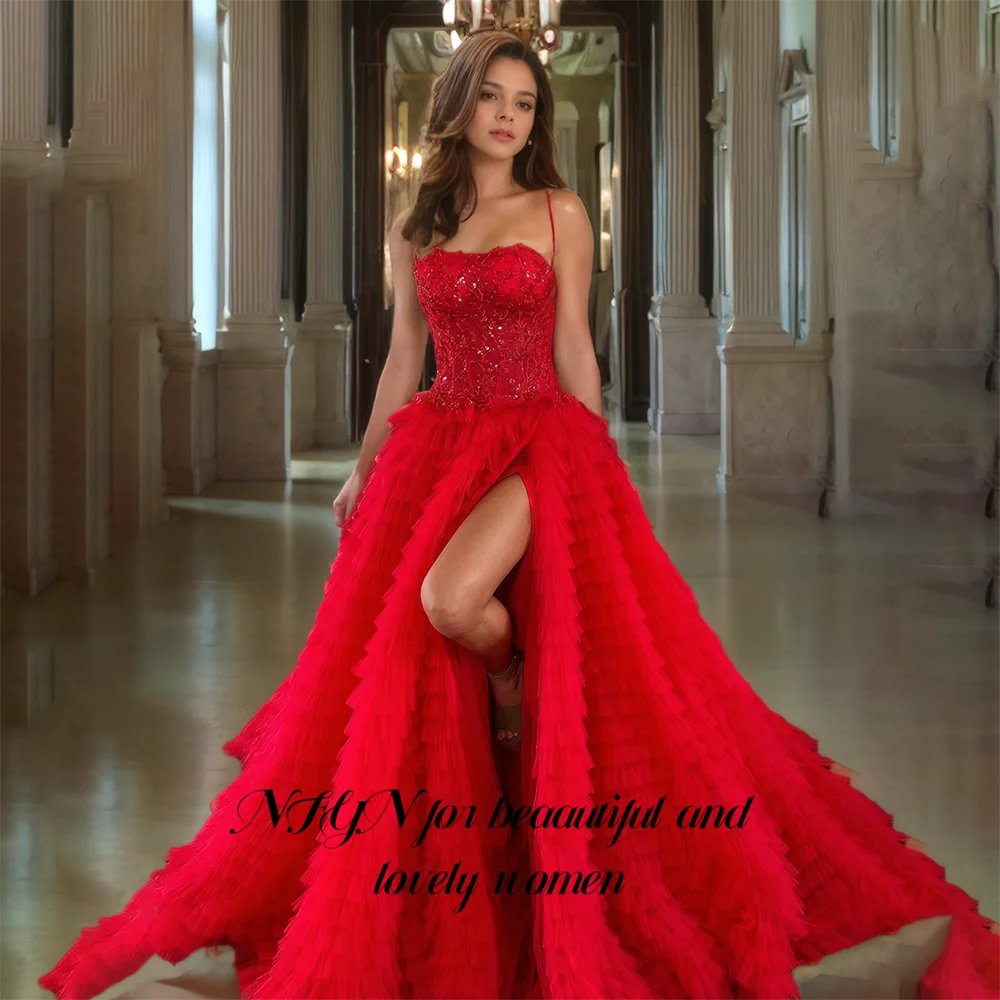 NFYN Red A-line Tiered Lace Formal Gown Net Spaghetti Strap Women's Evening Dress Pleat Prom Dress with High Split Customized
NFYN Red A-line Tiered Lace Formal Gown Net Spaghetti Strap Women's Evening Dress Pleat Prom Dress with High Split Customized