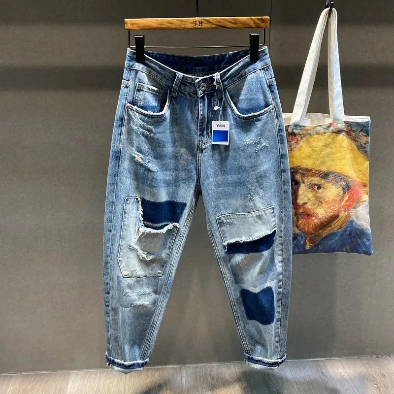 2024 Spring New Blue Ripped Hole Jeans Men's Elastic Slim Stitching Patch Korean Fashion Male Clothing Denim Trousers Streetwear
2024 Spring New Blue Ripped Hole Jeans Men's Elastic Slim Stitching Patch Korean Fashion Male Clothing Denim Trousers Streetwear
