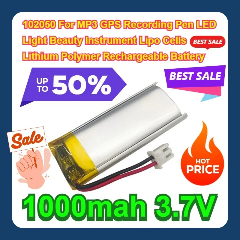 102050 For MP3 GPS Recording Pen LED Light Beauty Instrument Lipo Cells Lithium Polymer 1000mah 3.7V Rechargeable Battery
102050 For MP3 GPS Recording Pen LED Light Beauty Instrument Lipo Cells Lithium Polymer 1000mah 3.7V Rechargeable Battery