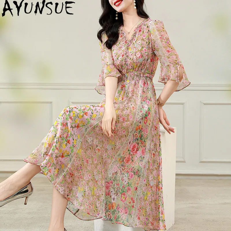 AYUNSUE 100% Natural Mulberry Silk Long Dress Elegant Dresses for Women Summer Woman Clothes Floral Party Dress Vestido Mujer
AYUNSUE 100% Natural Mulberry Silk Long Dress Elegant Dresses for Women Summer Woman Clothes Floral Party Dress Vestido Mujer