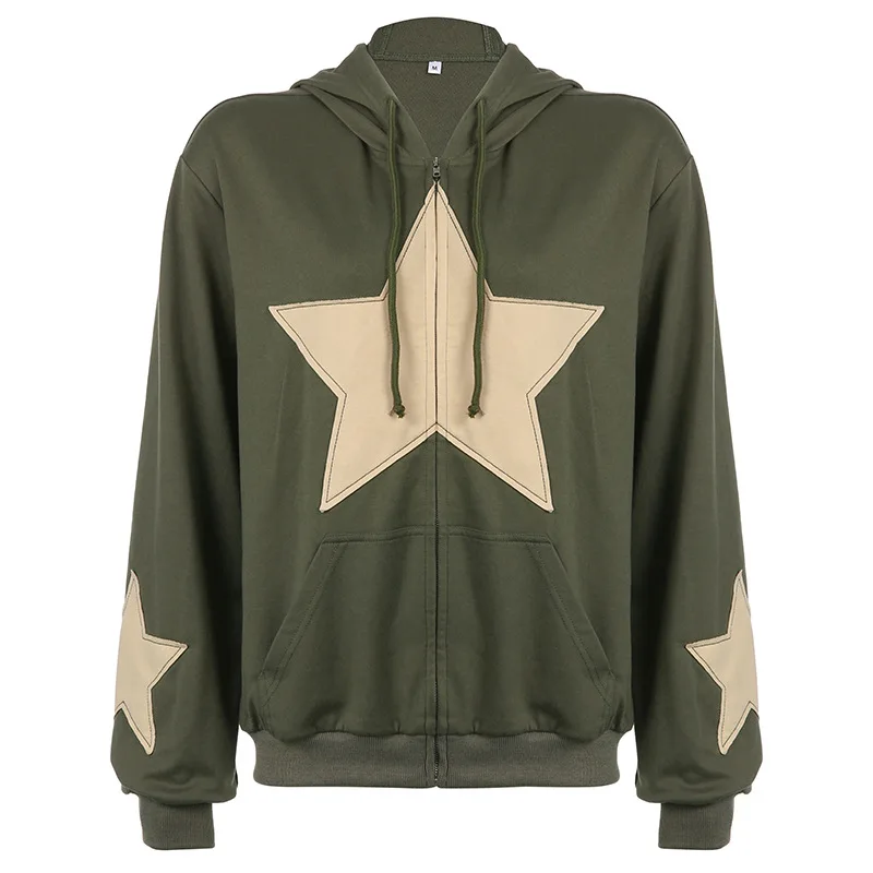 Streetwear Spicy Girl Five-pointed Star Patch Embroidered Hooded Women's New Contrast Color Cardigan Zipper Loose Coat
Streetwear Spicy Girl Five-pointed Star Patch Embroidered Hooded Women's New Contrast Color Cardigan Zipper Loose Coat