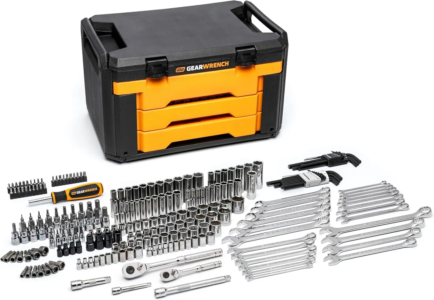 232-Piece Mechanics Tool Set with 3-Drawer Storage Box, 1/4" and 3/8" Drive, Metric/SAE Sizes for Professional Use
232-Piece Mechanics Tool Set with 3-Drawer Storage Box, 1/4" and 3/8" Drive, Metric/SAE Sizes for Professional Use
