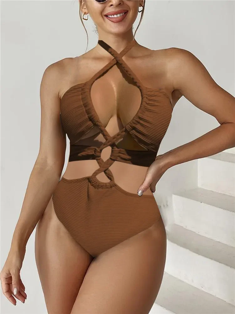 Vigoashely 2025 Brown Tied Halter Swimwear Women Cross Push UP One Piece Swimsuit Monokini Hollow Backless Beach Bathing Suit
Vigoashely 2025 Brown Tied Halter Swimwear Women Cross Push UP One Piece Swimsuit Monokini Hollow Backless Beach Bathing Suit