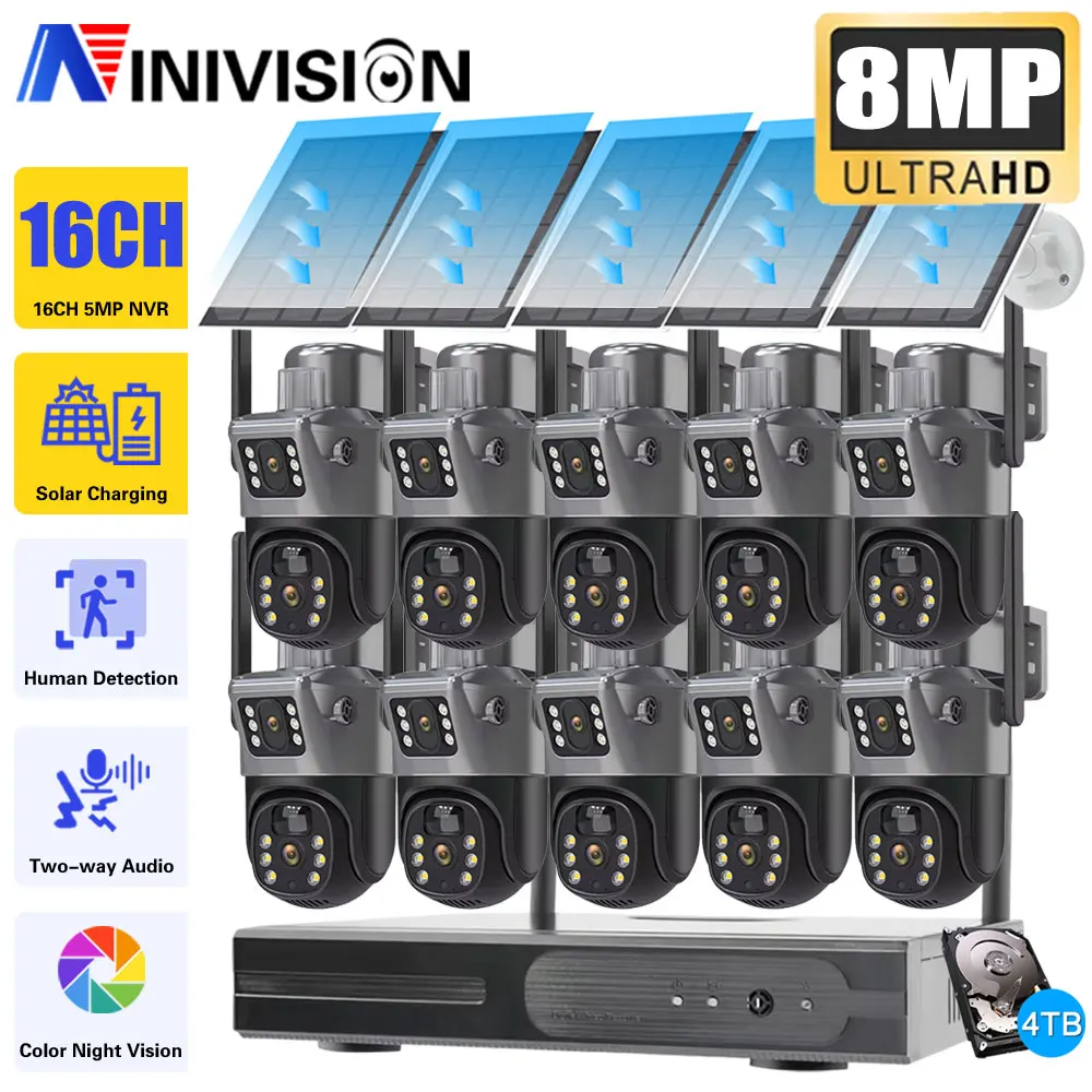 4K 8MP WiFi Dual-Lens PTZ Solar Battery Camera 10 Channel Wireless NVR Outdoor Security System Auto Tracking Video Surveillance
4K 8MP WiFi Dual-Lens PTZ Solar Battery Camera 10 Channel Wireless NVR Outdoor Security System Auto Tracking Video Surveillance
