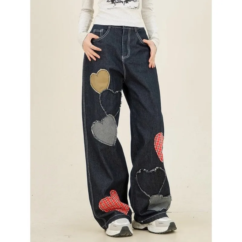Sweet Patch Contrasting Heart Shaped Checkered Patchwork Jeans for Women American Style New Loose Oversized Street Floor Pants
Sweet Patch Contrasting Heart Shaped Checkered Patchwork Jeans for Women American Style New Loose Oversized Street Floor Pants