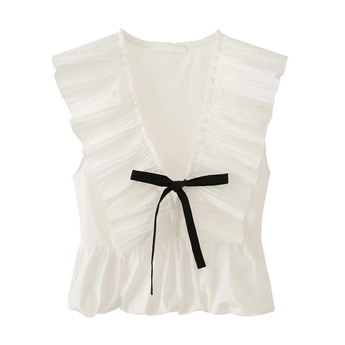 European and American style women's clothing new pure design sleeveless V-neck small pleated bow decoration top
European and American style women's clothing new pure design sleeveless V-neck small pleated bow decoration top