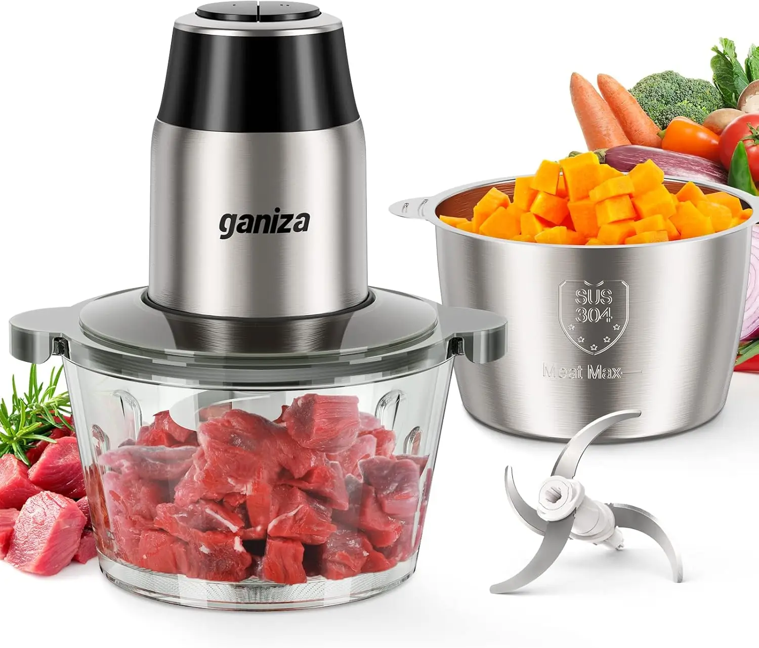 Electric Food Chopper, 2 Bowls (8 Cup+8 Cup) with 450W Copper Motor & 2 Sets of Blades for Meat/Vegetables/Nuts
Electric Food Chopper, 2 Bowls (8 Cup+8 Cup) with 450W Copper Motor & 2 Sets of Blades for Meat/Vegetables/Nuts