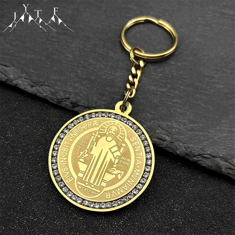 Crystals Saint Benedict Medallion Pendant Key Ring Men Stainless Steel Gold Color Key Chains Catholic Jewelry San Benito "
Crystals Saint Benedict Medallion Pendant Key Ring Men Stainless Steel Gold Color Key Chains Catholic Jewelry San Benito "