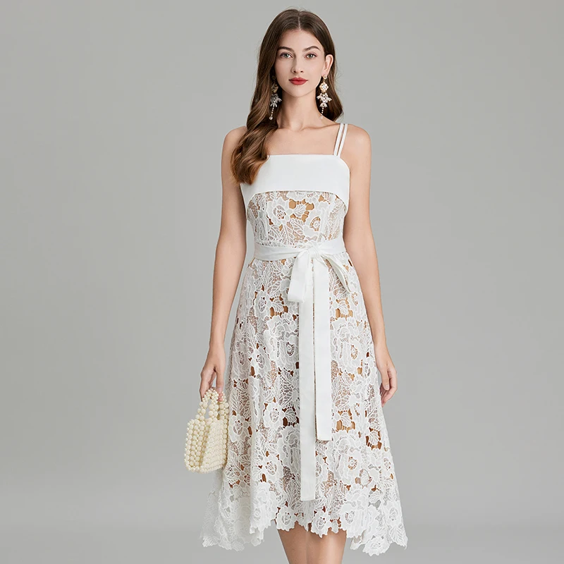Summer Runway Crochet Hollow Out Lace Prom Dress Women's Ruffles Spaghetti Strap Embroidery Belt Lace Up Midi Vestidos Party
Summer Runway Crochet Hollow Out Lace Prom Dress Women's Ruffles Spaghetti Strap Embroidery Belt Lace Up Midi Vestidos Party