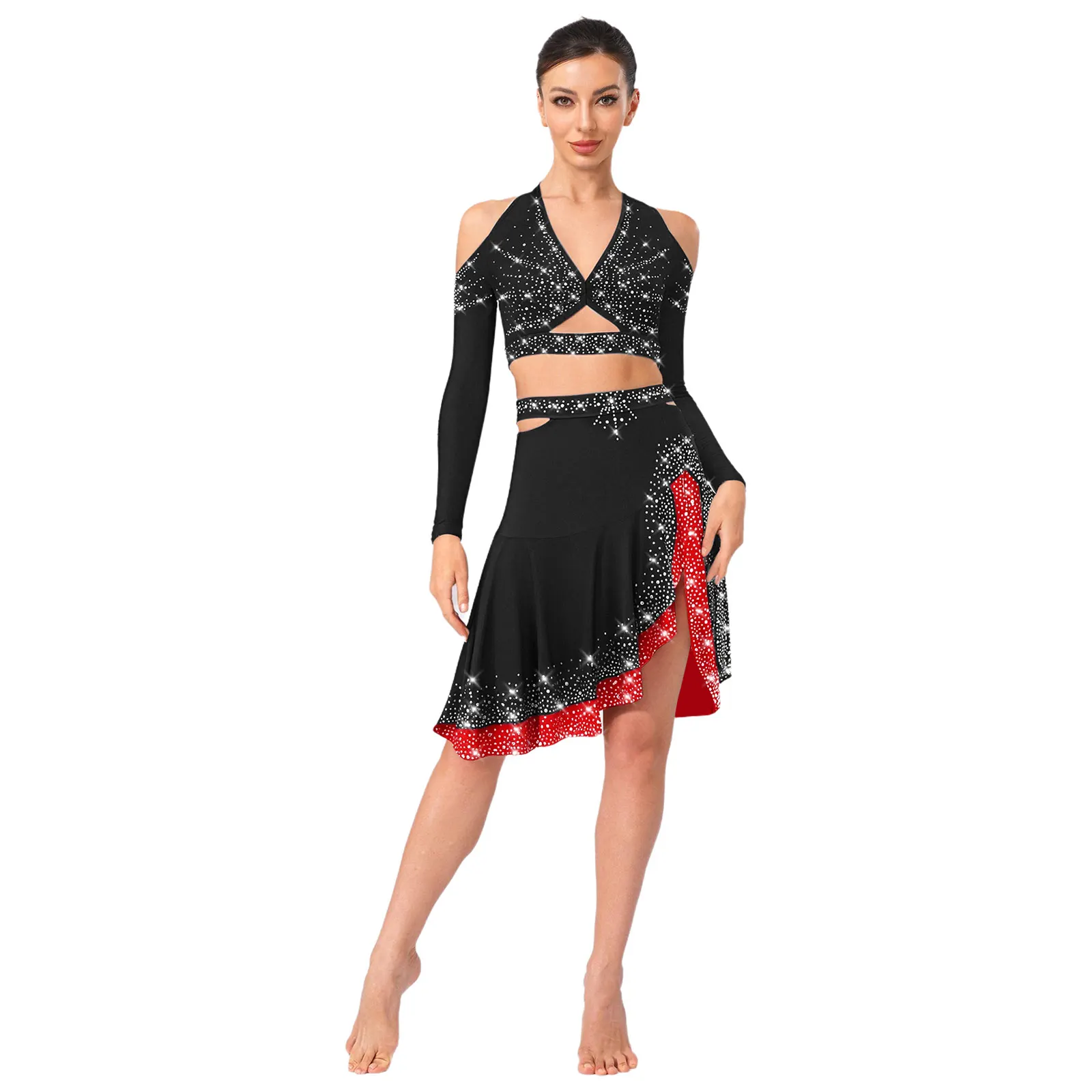 4 Colors Women Jazz Latin Dance Costume Rhinestones Halter Long Sleeve Sexy Style Crop Top+Ruffled Skirt Skating Performance Set
4 Colors Women Jazz Latin Dance Costume Rhinestones Halter Long Sleeve Sexy Style Crop Top+Ruffled Skirt Skating Performance Set