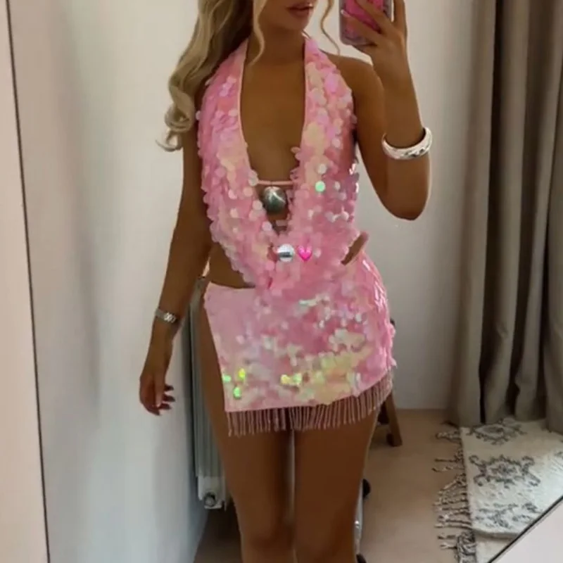 Sexy Shiny Sequins Cocktail Outfits Spicy Girl Sleeveless Backless Vest&Mini Tassel Skirts Sets Summer Solid Color Slim Outfits
Sexy Shiny Sequins Cocktail Outfits Spicy Girl Sleeveless Backless Vest&Mini Tassel Skirts Sets Summer Solid Color Slim Outfits