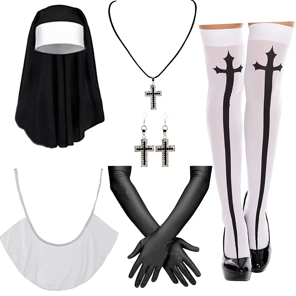 Halloween Nun Costume Accessory Set for Women Nun Headpiece Long Gloves, Stockings, Fancy Dress Up for Carnival Party
Halloween Nun Costume Accessory Set for Women Nun Headpiece Long Gloves, Stockings, Fancy Dress Up for Carnival Party