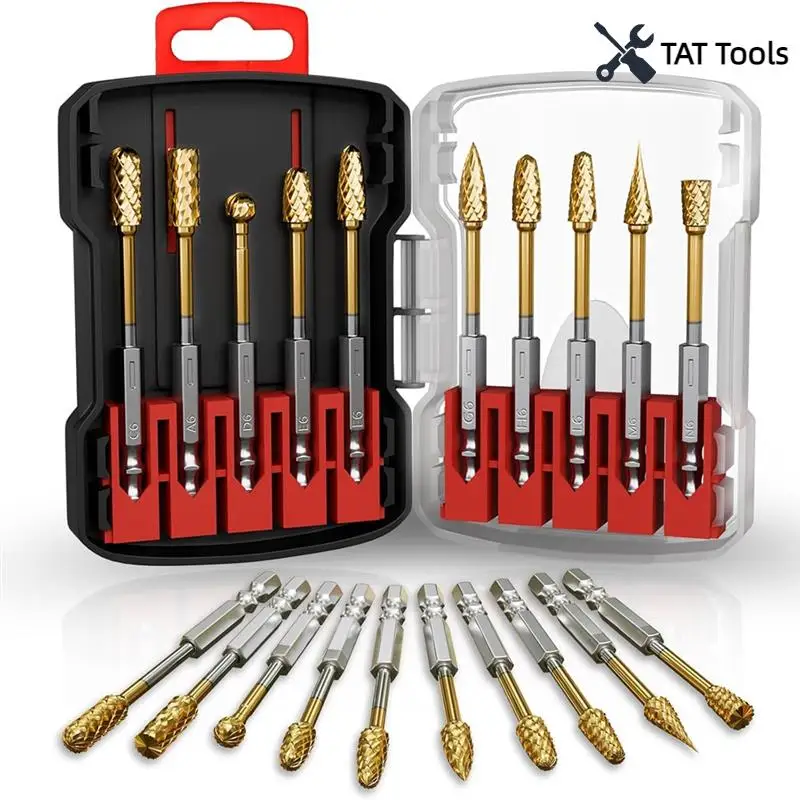 10PCS Titanium Gold Carbide Burr Set 1/4" Quick-Change Shank For Electric Grinding Burr Set Die Grinder Bit
10PCS Titanium Gold Carbide Burr Set 1/4" Quick-Change Shank For Electric Grinding Burr Set Die Grinder Bit
