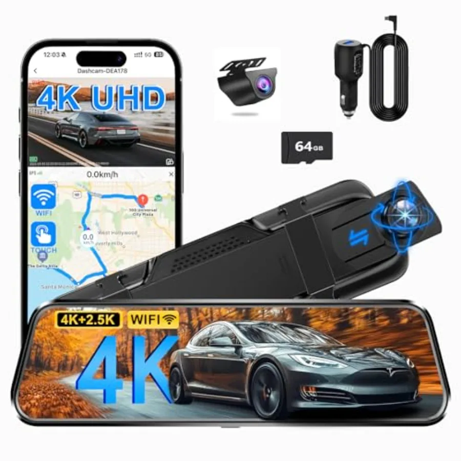 Car mirror dual dash camera with IMX335 sensor, black, 4K front and 2.5K rear recording, ADAS, WDR night vision, Wi-Fi, parking
Car mirror dual dash camera with IMX335 sensor, black, 4K front and 2.5K rear recording, ADAS, WDR night vision, Wi-Fi, parking