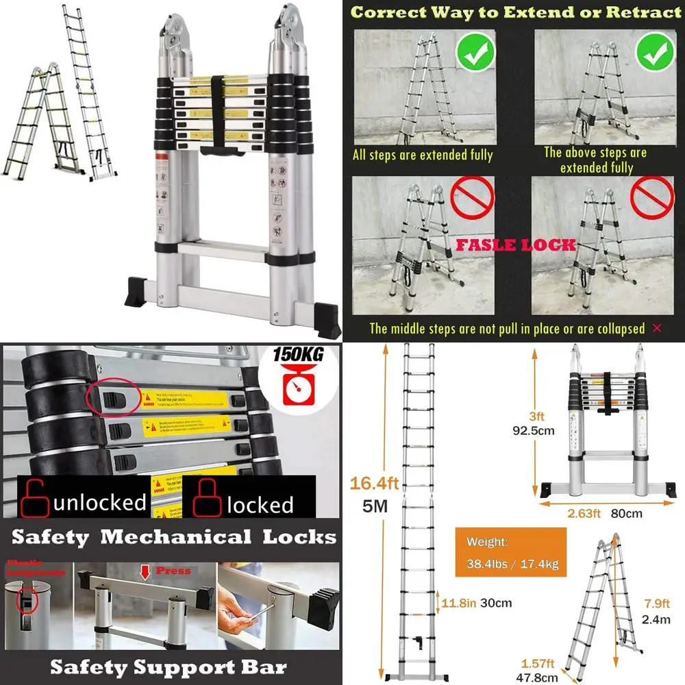 Aluminum Telescoping Ladder 16.5FT 330lbs Capacity Lightweight A-Frame Folding Portable Multi-Purpose Extension Ladder with Supp
Aluminum Telescoping Ladder 16.5FT 330lbs Capacity Lightweight A-Frame Folding Portable Multi-Purpose Extension Ladder with Supp