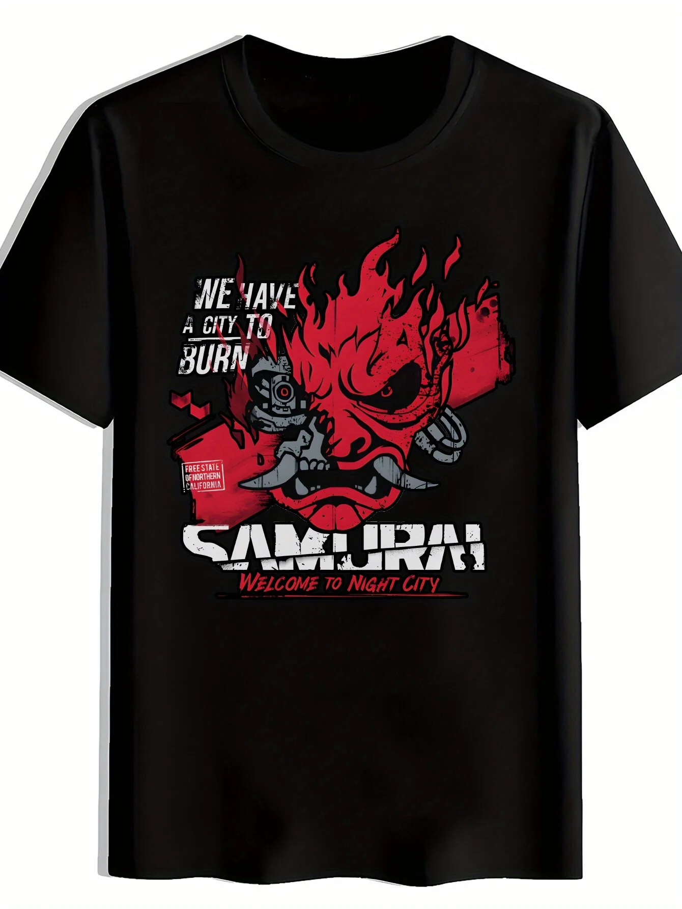 Men's Black Samurai Graphic T-Shirt - Bold "Welcome to Burn City" & "Welcome to Night City" Print, Red Flame Design
Men's Black Samurai Graphic T-Shirt - Bold "Welcome to Burn City" & "Welcome to Night City" Print, Red Flame Design