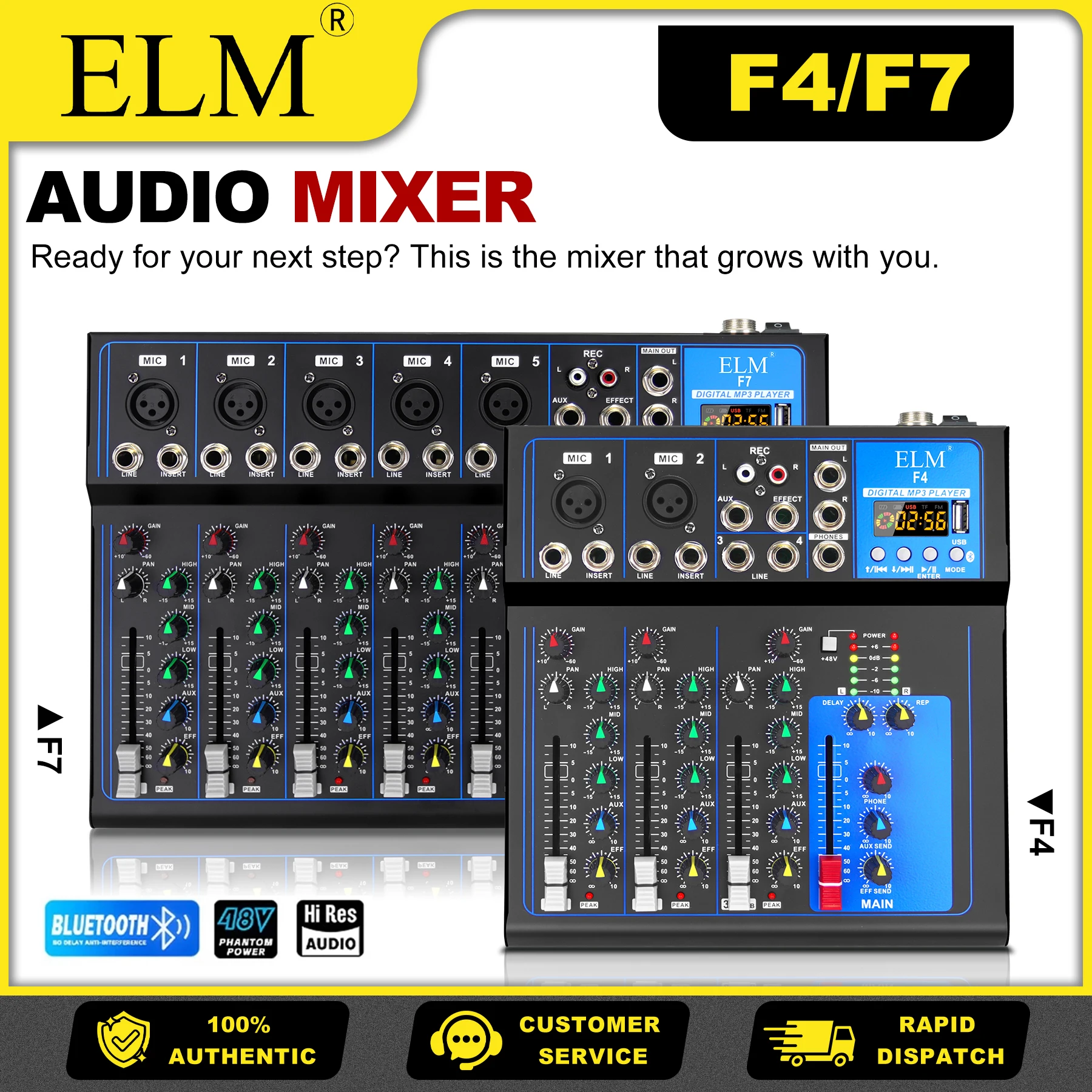F 4/7CH Audio Mixer Bluetooth USB 3-Band EQ per Channel 48V Phantom Power Aux Send Tape Input Live Streaming Podcast Karaoke
F 4/7CH Audio Mixer Bluetooth USB 3-Band EQ per Channel 48V Phantom Power Aux Send Tape Input Live Streaming Podcast Karaoke