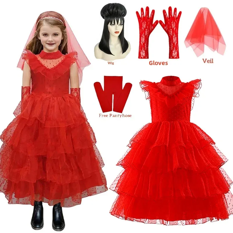 Lydia Deetz Red Horror Ghost Bride Cosplay Dress Girls Tulle Gown With Veil Gloves For Kids Halloween Christmas Party Dress Up
Lydia Deetz Red Horror Ghost Bride Cosplay Dress Girls Tulle Gown With Veil Gloves For Kids Halloween Christmas Party Dress Up