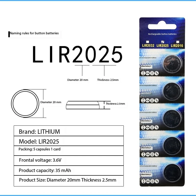 2-50PCS LIR2025 Conveniently Rechargeable Battery 2025 Lithium charging Can Replace 3.6v 35mAH CR2025 for watches Coin Battery
2-50PCS LIR2025 Conveniently Rechargeable Battery 2025 Lithium charging Can Replace 3.6v 35mAH CR2025 for watches Coin Battery