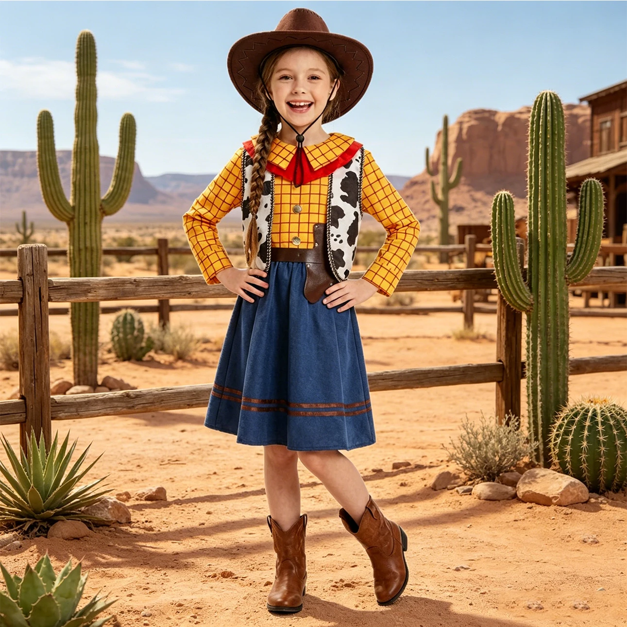 Toy Story Woody Cowgirl Cosplay Costume Western Cowboy Dress with Plaid Shirt Cow Print Vest Hat Halloween Carnival Fancy Dress
Toy Story Woody Cowgirl Cosplay Costume Western Cowboy Dress with Plaid Shirt Cow Print Vest Hat Halloween Carnival Fancy Dress