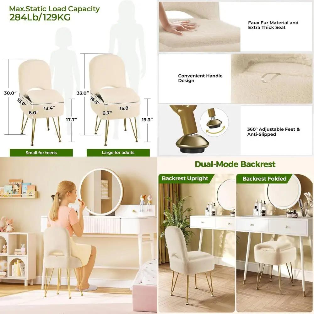 Compact Vanity Stool with Storage & Upholstered Back, 13.4 x 15 x 30, Square Ottoman, 4 Metal Legs, Padded Seat for Makeup, Bedr
Compact Vanity Stool with Storage & Upholstered Back, 13.4 x 15 x 30, Square Ottoman, 4 Metal Legs, Padded Seat for Makeup, Bedr