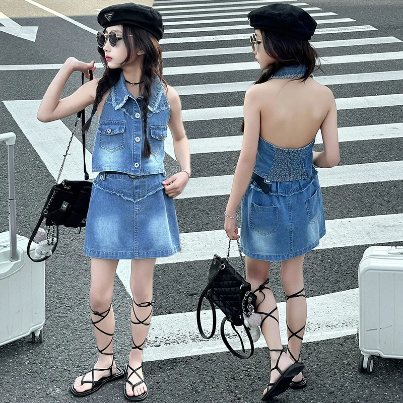 Kids Girl Sexy Backless Summer Clothing Set Denim Blouse Skirt Streetwear Outfit Children Low Back Top and Bottom Clothes Set
Kids Girl Sexy Backless Summer Clothing Set Denim Blouse Skirt Streetwear Outfit Children Low Back Top and Bottom Clothes Set