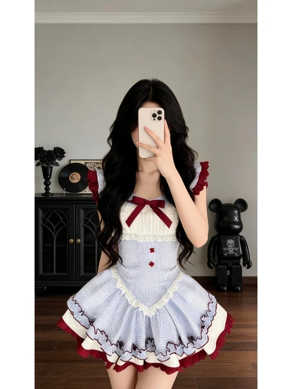 Summer Sweet Princess Skirt Color Block Plaid Knot Flying Sleeve Puffy Skirt Women's Fashion Casual Dress
Summer Sweet Princess Skirt Color Block Plaid Knot Flying Sleeve Puffy Skirt Women's Fashion Casual Dress