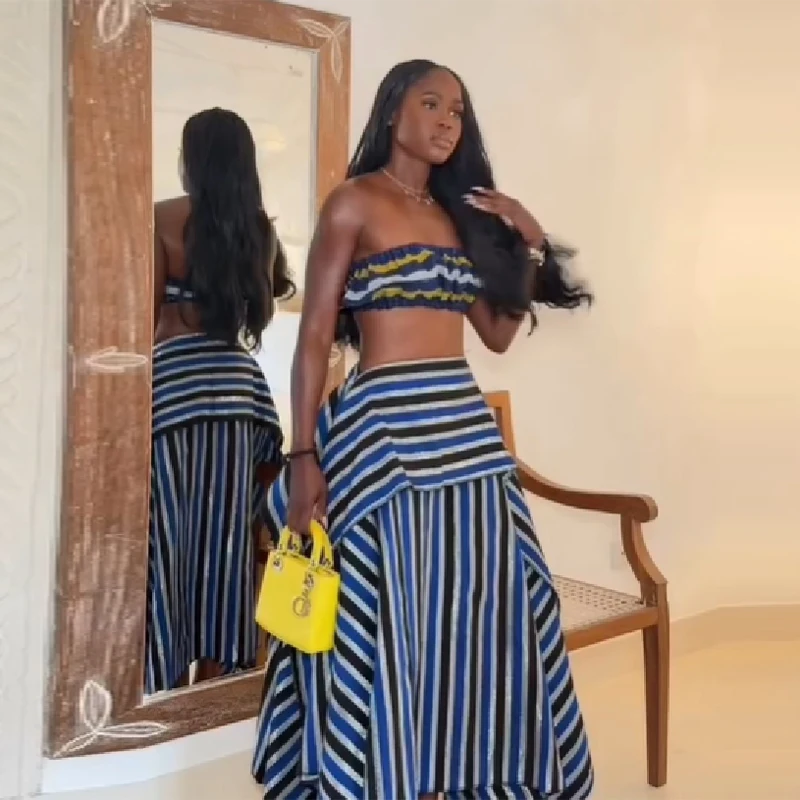 Bohemian Blue Striped Two-piece Set Strapless Ruffled Crop Top Tiered Maxi Skirt Women Summer Beach Vacation Chic Outfit
Bohemian Blue Striped Two-piece Set Strapless Ruffled Crop Top Tiered Maxi Skirt Women Summer Beach Vacation Chic Outfit