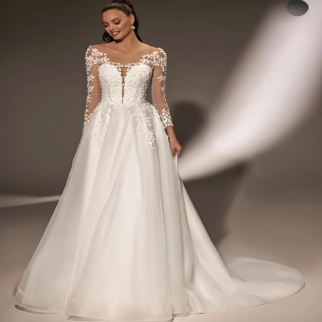 Customized Elegant Ball Gown A Line Wedding Dresses Long Sleeves V Neck Bridal Gowns Sequins Lace Appliques Button Vestido De No
Customized Elegant Ball Gown A Line Wedding Dresses Long Sleeves V Neck Bridal Gowns Sequins Lace Appliques Button Vestido De No