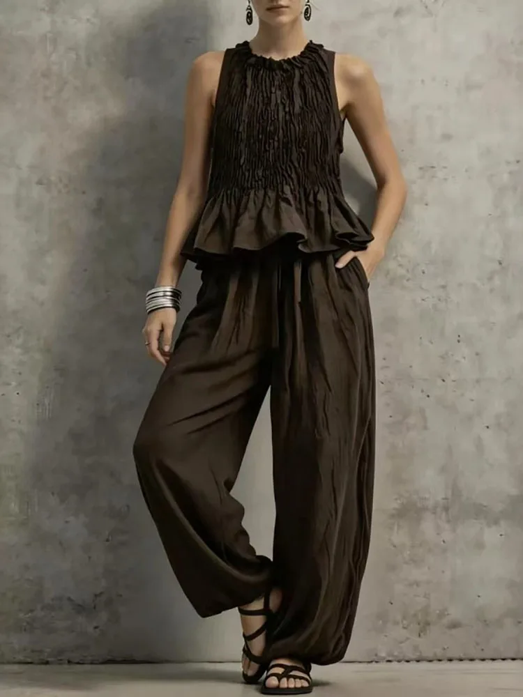 Women's Elegant Ruffle Hem Chic Loose 2Pc Suit Fashion Patchwork Long Pant Outfits Casual O Neck Sleeveless Pullover & Pant Set
Women's Elegant Ruffle Hem Chic Loose 2Pc Suit Fashion Patchwork Long Pant Outfits Casual O Neck Sleeveless Pullover & Pant Set