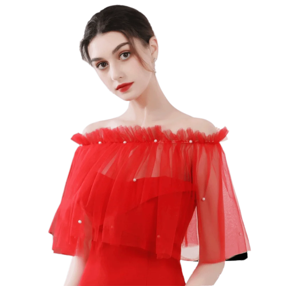 Элегантная кружевная свадебная накидка из тюля с рюшами и стразами, с открытыми плечами, с жемчужными рукавами-накидками для свадьбы
Элегантная кружевная свадебная накидка из тюля с рюшами и стразами, с открытыми плечами, с жемчужными рукавами-накидками для свадьбы