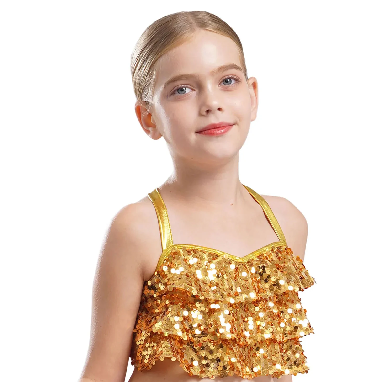6-16 Y Metallic Camisole Kids Girls Glittery Sequins Tiered Ruffles Crop Top Cheerleading Ballet Jazz Dance Performance Costume 
6-16 Y Metallic Camisole Kids Girls Glittery Sequins Tiered Ruffles Crop Top Cheerleading Ballet Jazz Dance Performance Costume