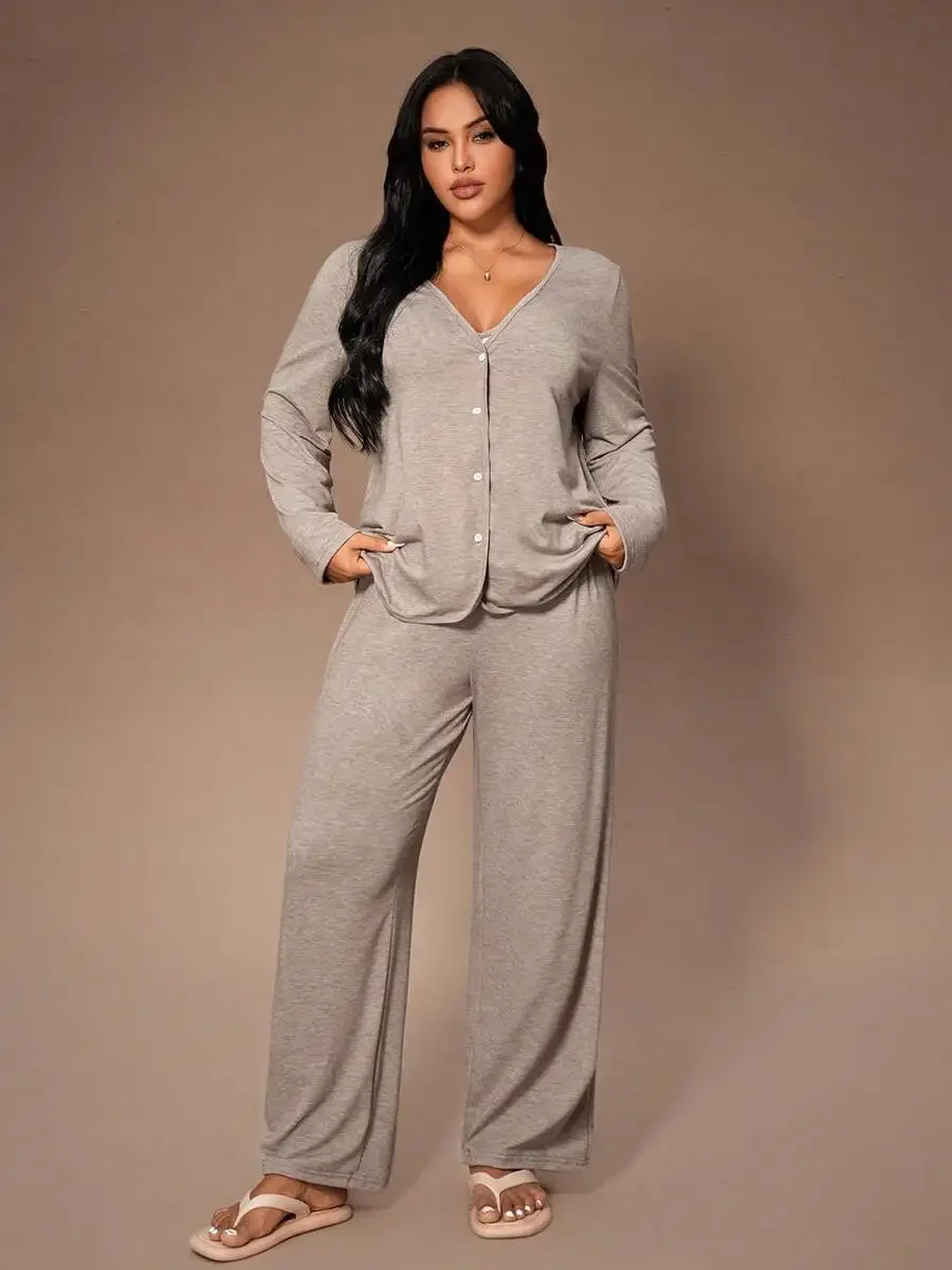 Plus Size Solid V-Neck Button Front Knit Pajama Set With Camisole And Pants
Plus Size Solid V-Neck Button Front Knit Pajama Set With Camisole And Pants
