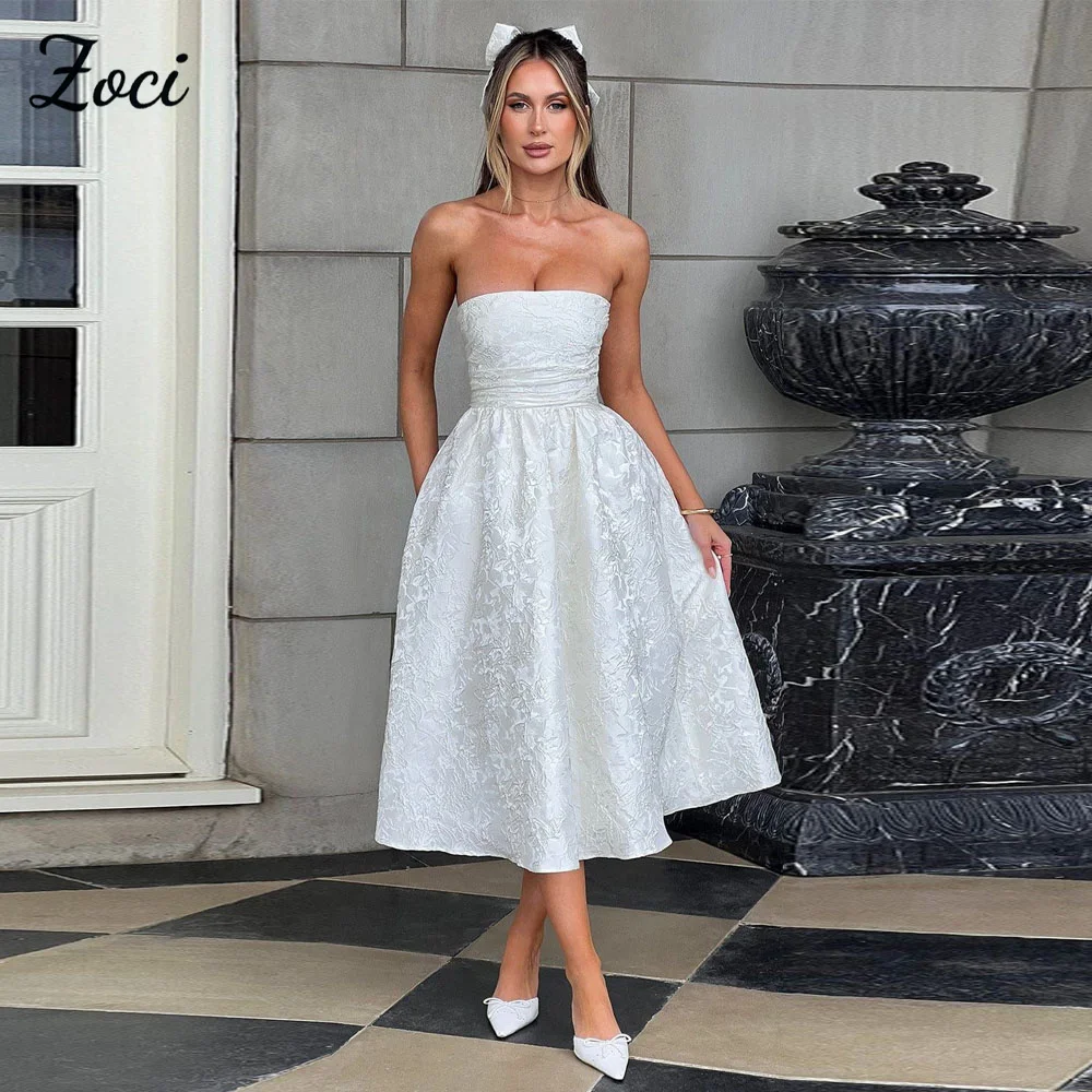 Zoci Modern Strapless Short Wedding Dresses Print Lace Satin A Line Bride Dress Customized Lace Up Tea Length Wedding Party Gown
Zoci Modern Strapless Short Wedding Dresses Print Lace Satin A Line Bride Dress Customized Lace Up Tea Length Wedding Party Gown
