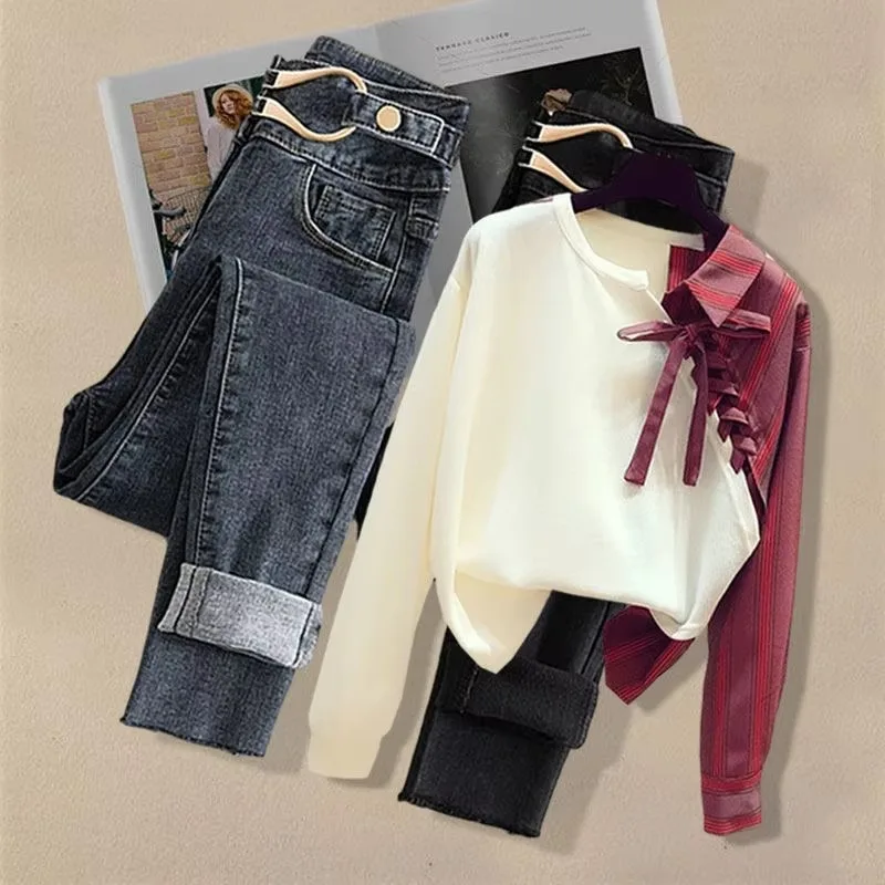 Women's Spring Autumn Fashion Pants Suits New Bandage Bowknot Stripe Patchwork Sweatshirts Denim Pants Set Lady Top Jeans Outfit
Women's Spring Autumn Fashion Pants Suits New Bandage Bowknot Stripe Patchwork Sweatshirts Denim Pants Set Lady Top Jeans Outfit