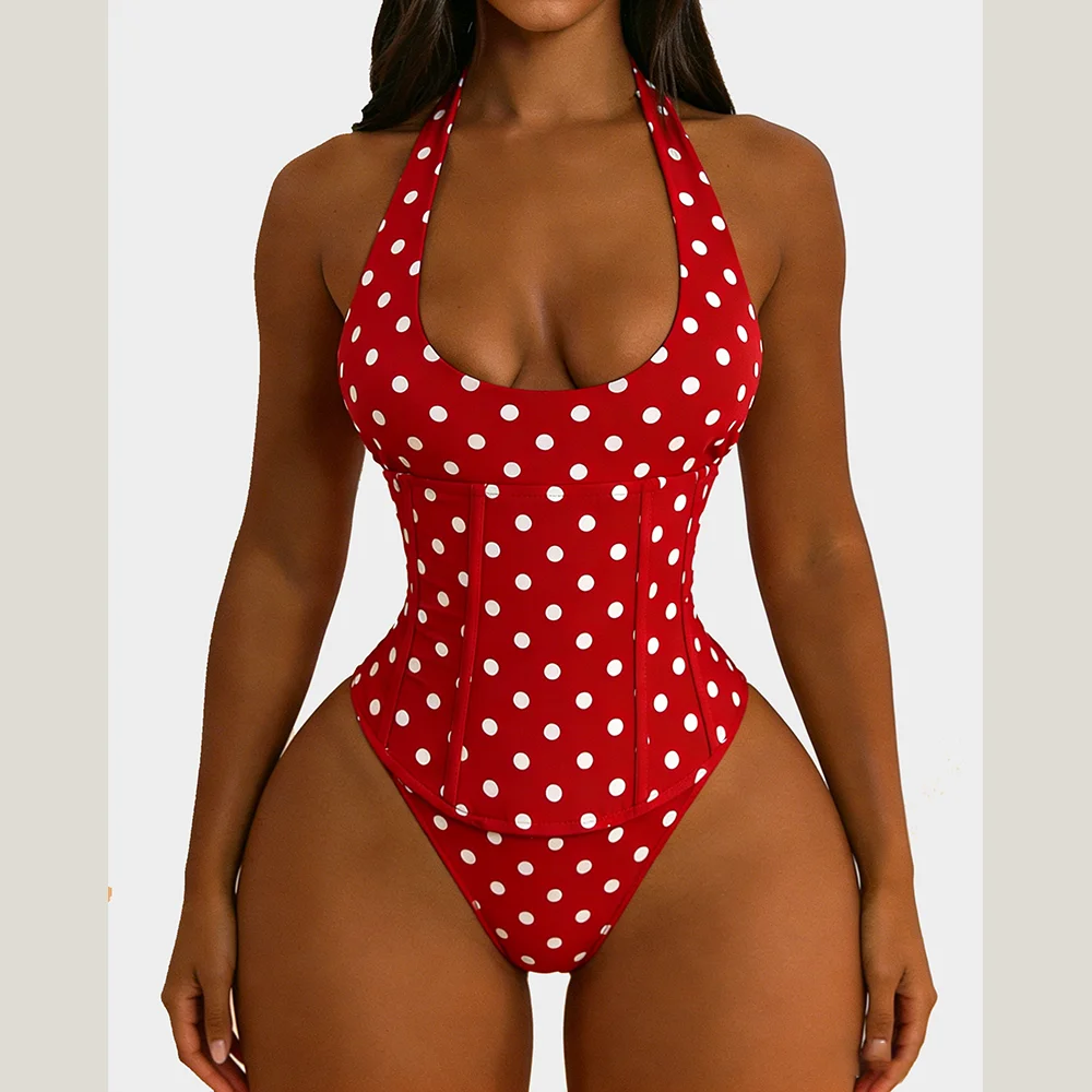 Retro Polka Dot Halter Neck Corset Swimsuit Deep U Neck Waist Cincher Lace Up Back Bow High Leg Cut Slimming Beach Monokini
Retro Polka Dot Halter Neck Corset Swimsuit Deep U Neck Waist Cincher Lace Up Back Bow High Leg Cut Slimming Beach Monokini