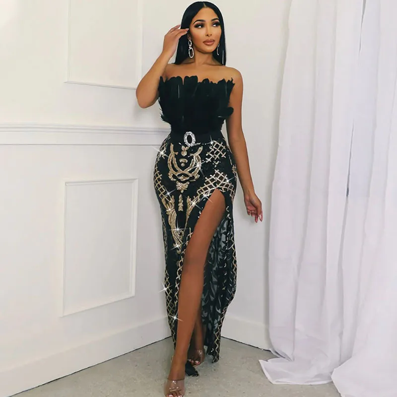 Elegant Mesh Glitter Sequins Long Party Dresses Women Night Club Wedding Guest Dress Feathers Strapless High Split Evening Dress
Elegant Mesh Glitter Sequins Long Party Dresses Women Night Club Wedding Guest Dress Feathers Strapless High Split Evening Dress