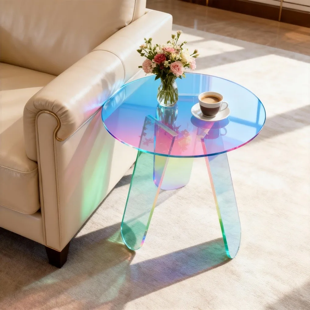 Acrylic End Table with PVC Table Cover Round Iridescent Rainbow Sofa Side Table
Acrylic End Table with PVC Table Cover Round Iridescent Rainbow Sofa Side Table