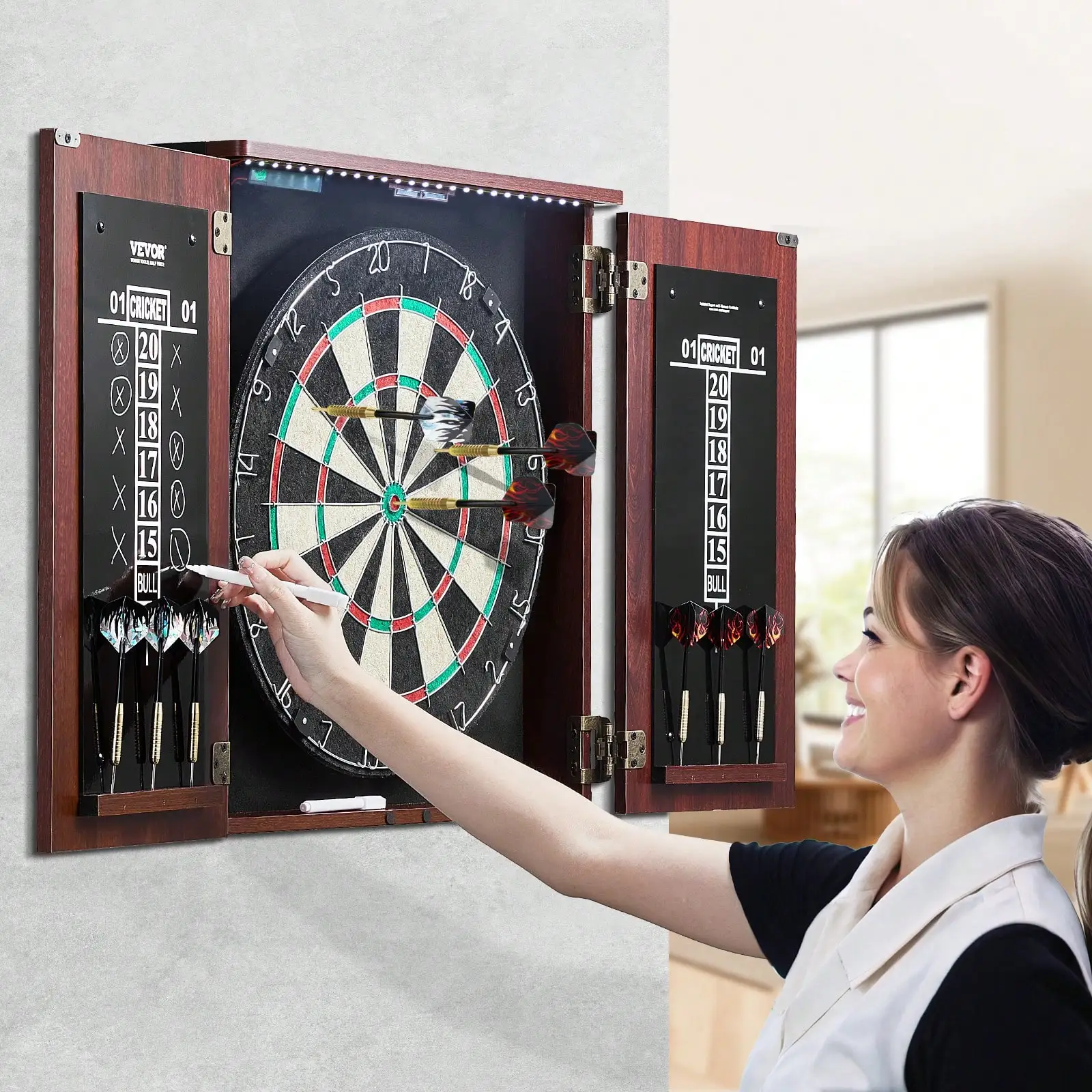 Dartboard And Cabinet Set, Ready-To-Play Bundle Official Size Dartboard Cabinet, Steel Tip Dart Hideaway Cabinet, Features LED Light, Easy Assembly, Complete With All Accessory, For Cricket Game
Dartboard And Cabinet Set, Ready-To-Play Bundle Official Size Dartboard Cabinet, Steel Tip Dart Hideaway Cabinet, Features LED Light, Easy Assembly, Complete With All Accessory, For Cricket Game