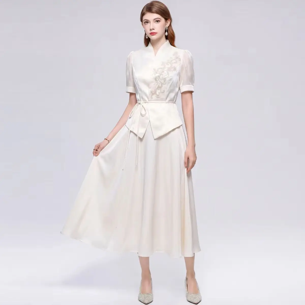 Ivory Satin 2 Piece Set Women Elegant Lace Top Midi Skirt Puff Sleeve Wedding Guest Party Formal Evening Gown Outfit
Ivory Satin 2 Piece Set Women Elegant Lace Top Midi Skirt Puff Sleeve Wedding Guest Party Formal Evening Gown Outfit