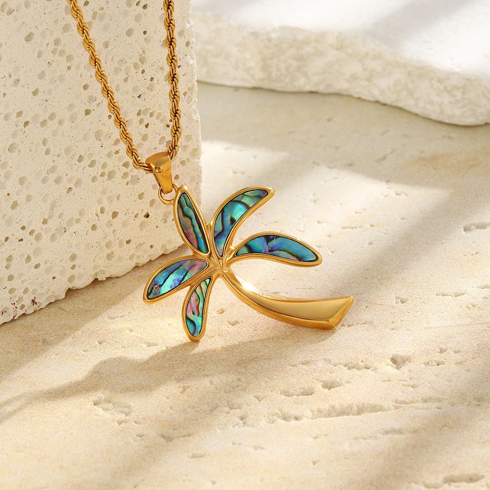 Women's Stainless Steel 18K Gold Plated Abalone Coconut Tree Pendant Necklace Summer Ocean Wind Chain Jewelry Gift Accessory
Women's Stainless Steel 18K Gold Plated Abalone Coconut Tree Pendant Necklace Summer Ocean Wind Chain Jewelry Gift Accessory