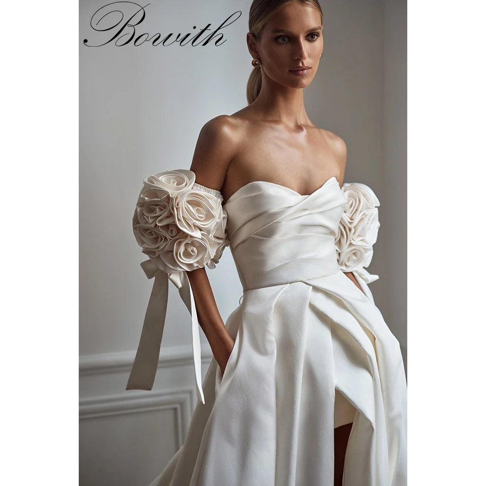 Bowith 3D Flowers Detachable Sleeves Wedding Dress 2025 Sweetheart Satin A-Line Princess Bride Gown Customized vestidos de novia 
Bowith 3D Flowers Detachable Sleeves Wedding Dress 2025 Sweetheart Satin A-Line Princess Bride Gown Customized vestidos de novia