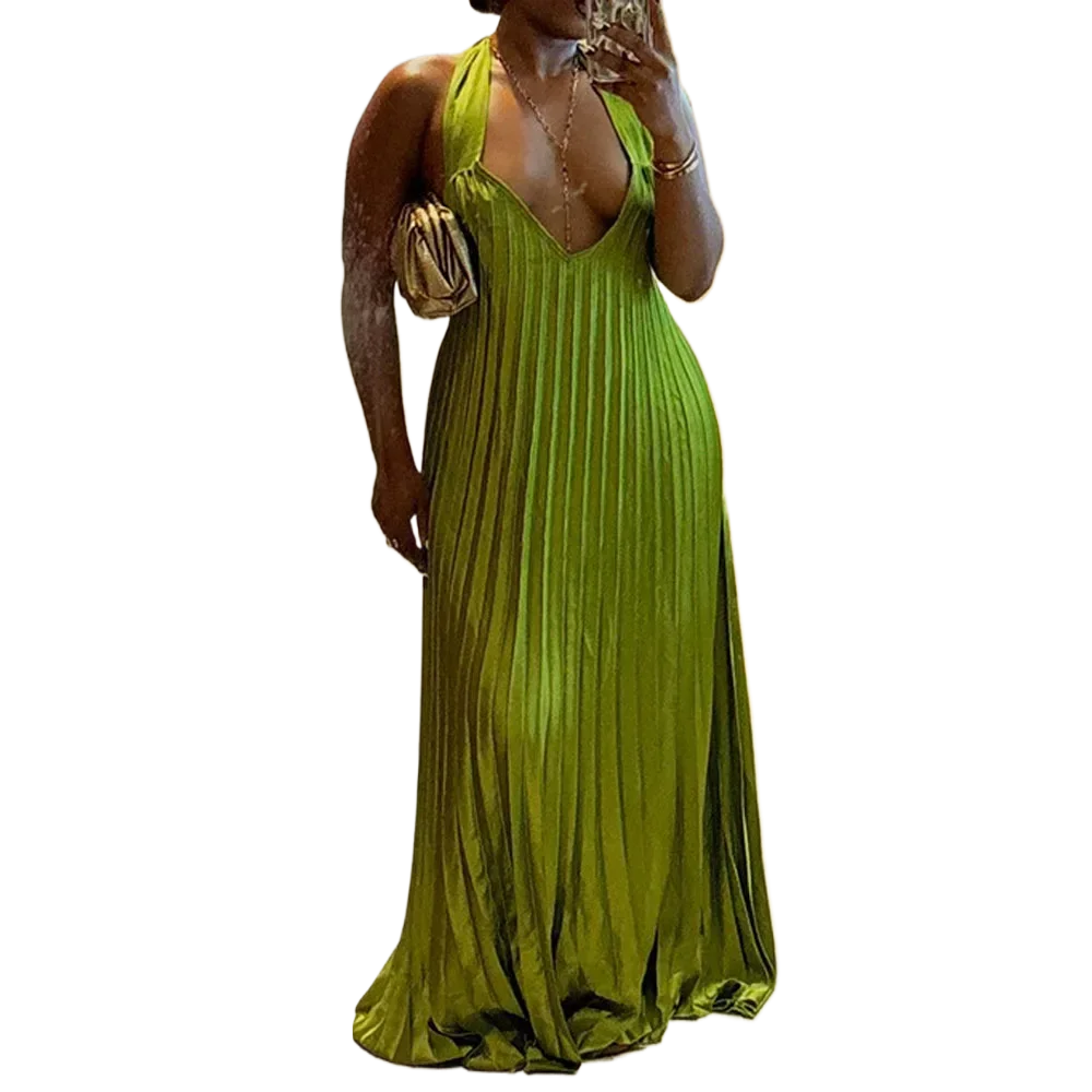 Casual Solid Color Halter Deep V Neck Backless Sleeveless Pleated Big Swing Floor-length Satin Dress
Casual Solid Color Halter Deep V Neck Backless Sleeveless Pleated Big Swing Floor-length Satin Dress